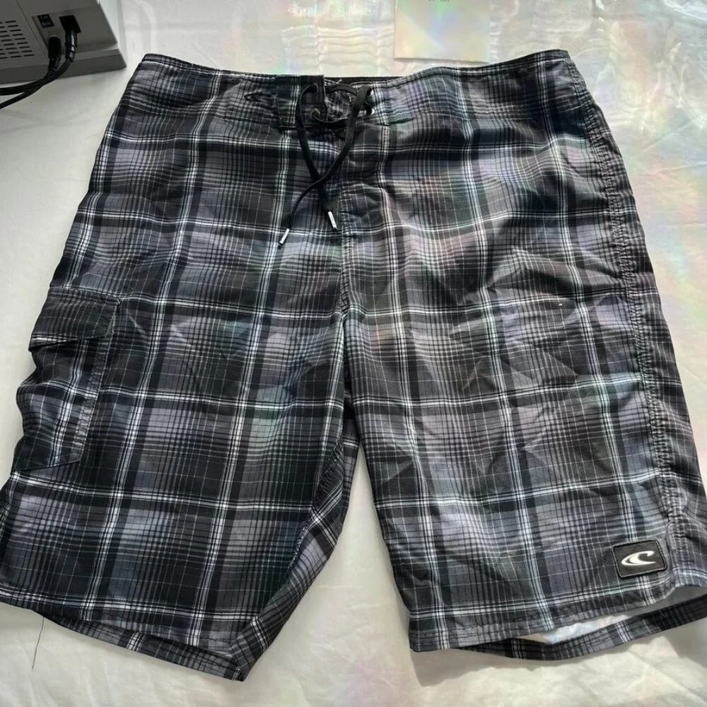 O’Neill Men’s Plaid Board Swim Trunks Adjustable Waist Black Gray